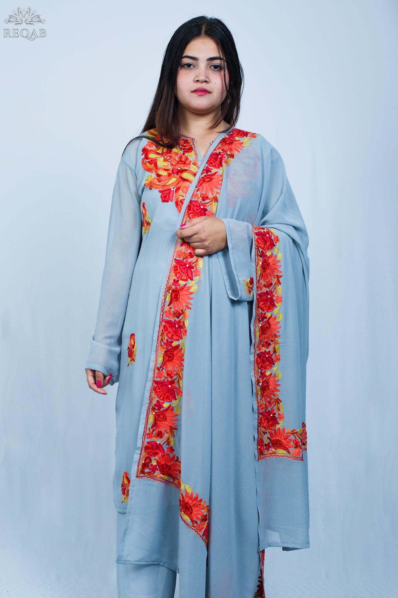 Grey Conch Three-Piece Suit with Aari Embroidery