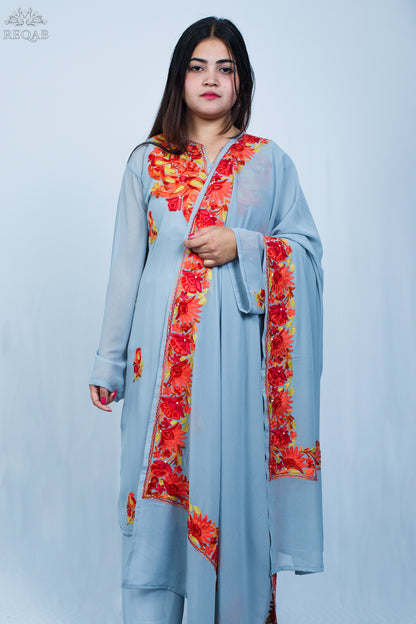 Grey Conch Three-Piece Suit with Aari Embroidery