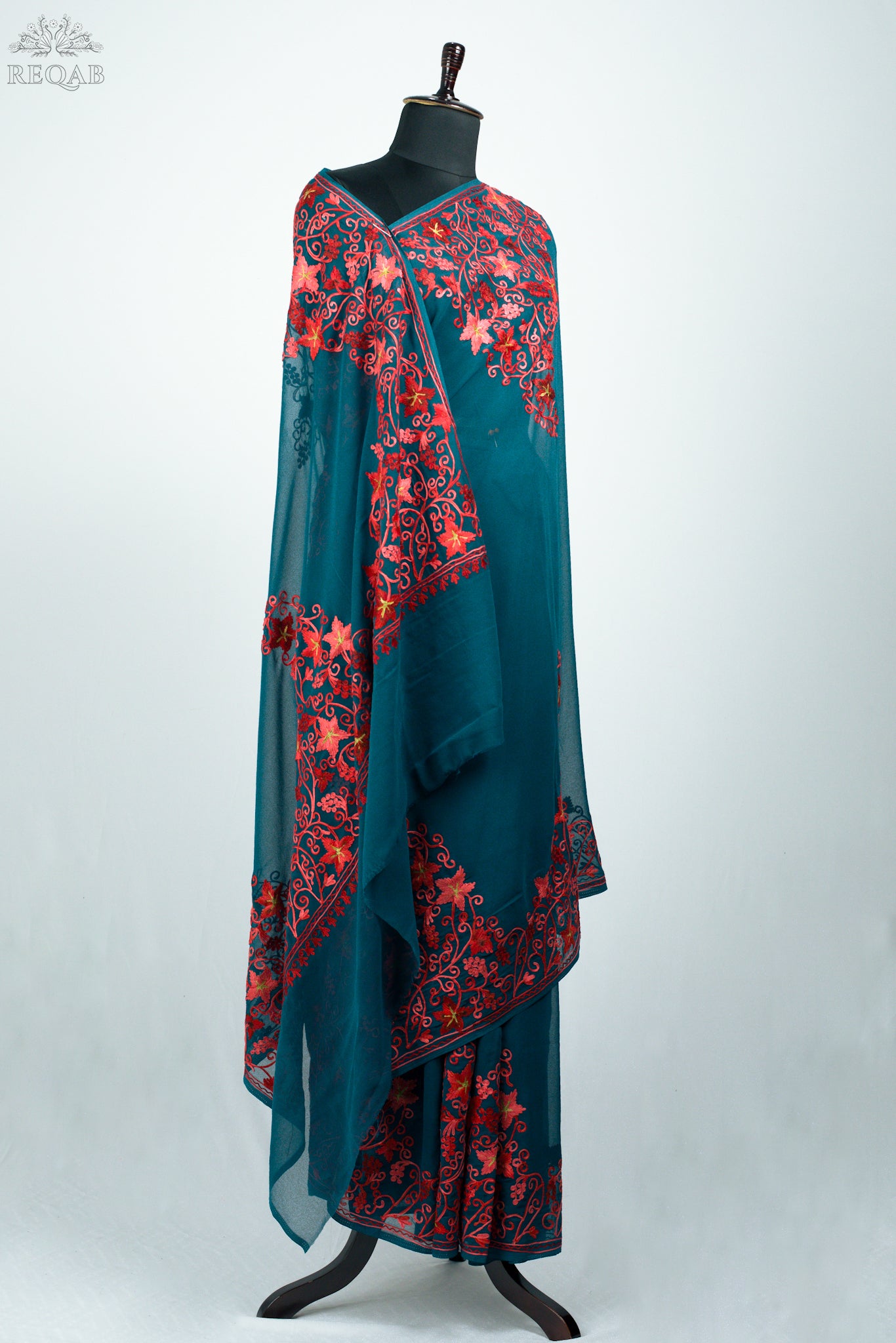 Blue Stone Semi-Georgette Saree with Aari Embroidery