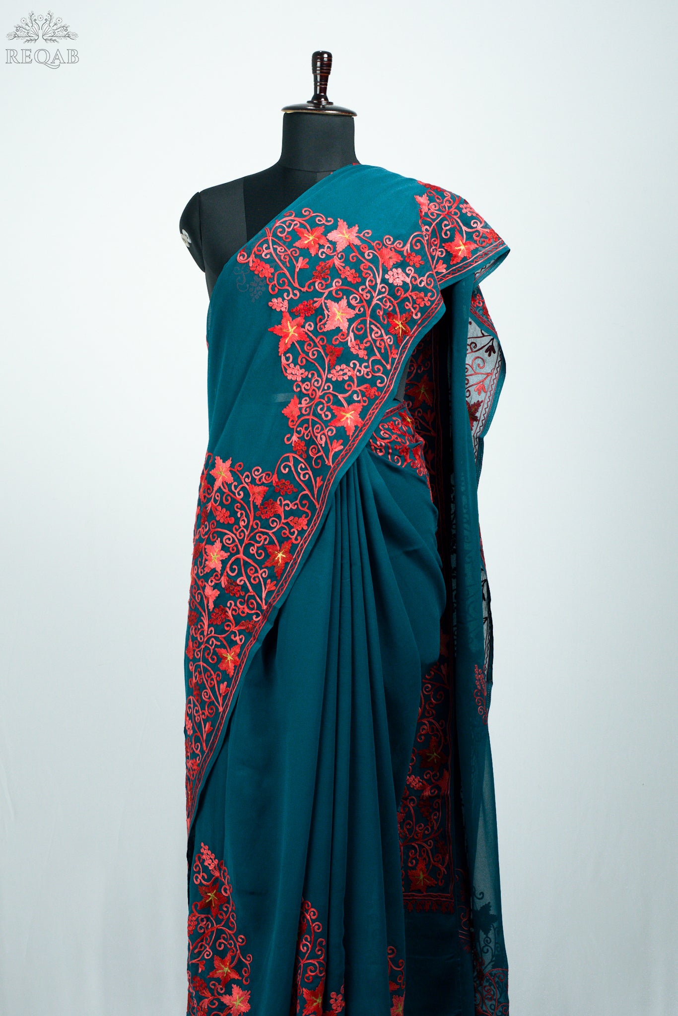 Blue Stone Semi-Georgette Saree with Aari Embroidery