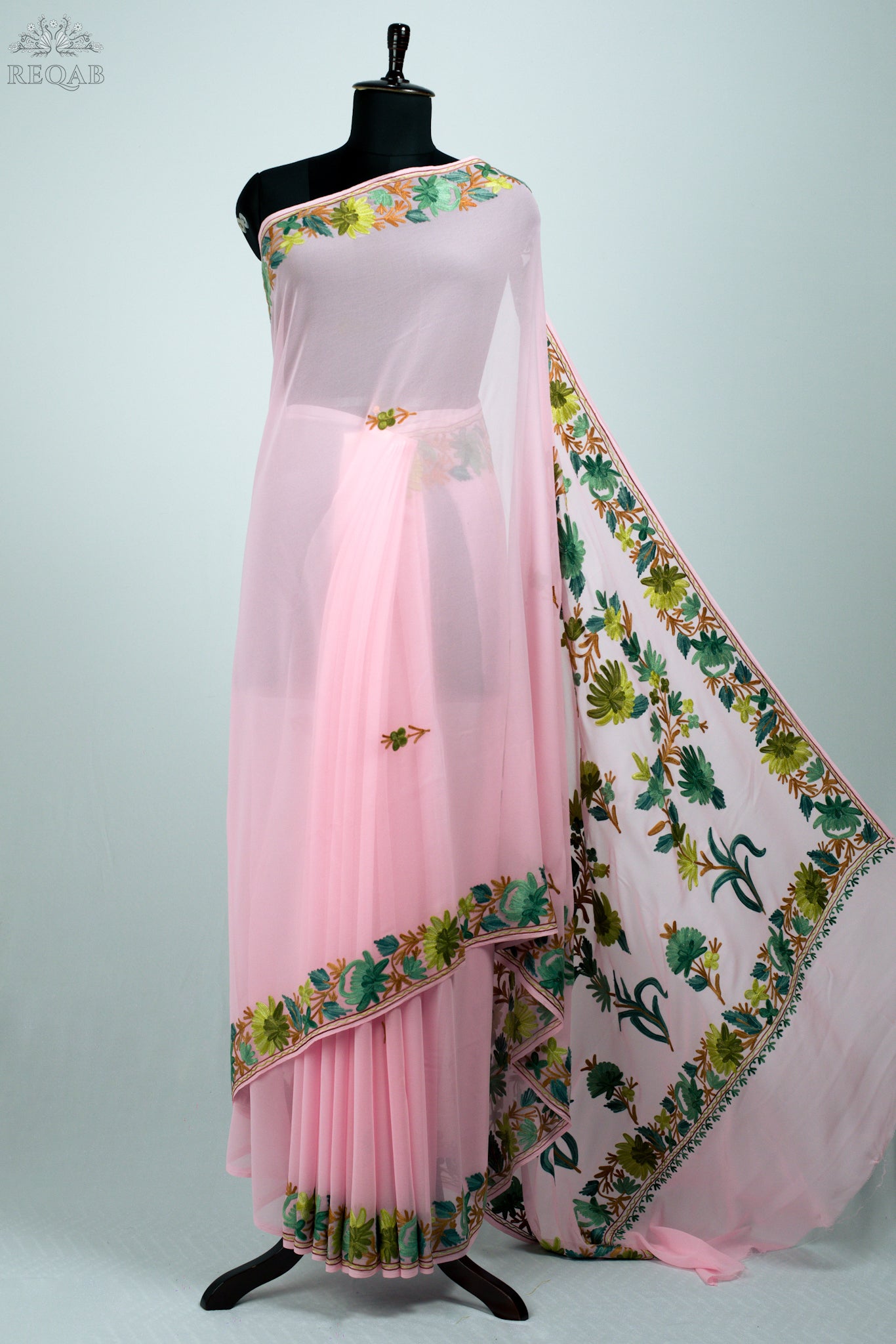 Azalea Pink Semi-Georgette Saree with Aari Embroidery