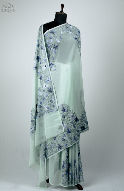 Paris White Semi-Georgette Saree with Aari Embroidery