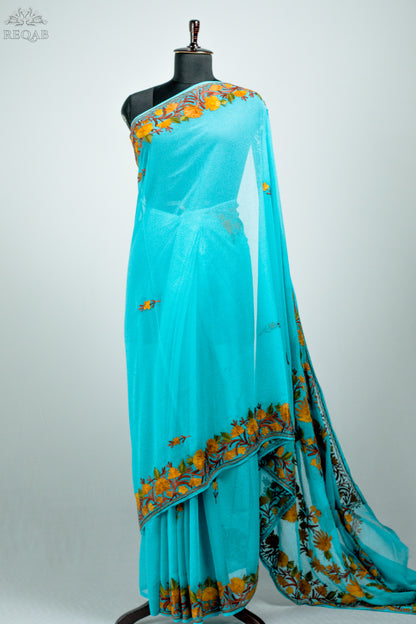 Medium Turquoise Semi-Georgette Saree with Aari Embroidery