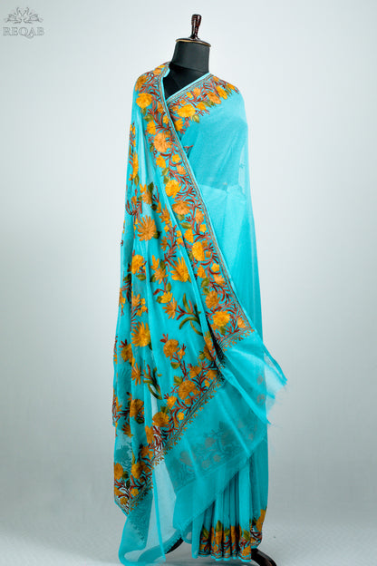 Medium Turquoise Semi-Georgette Saree with Aari Embroidery