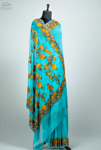 Medium Turquoise Semi-Georgette Saree with Aari Embroidery