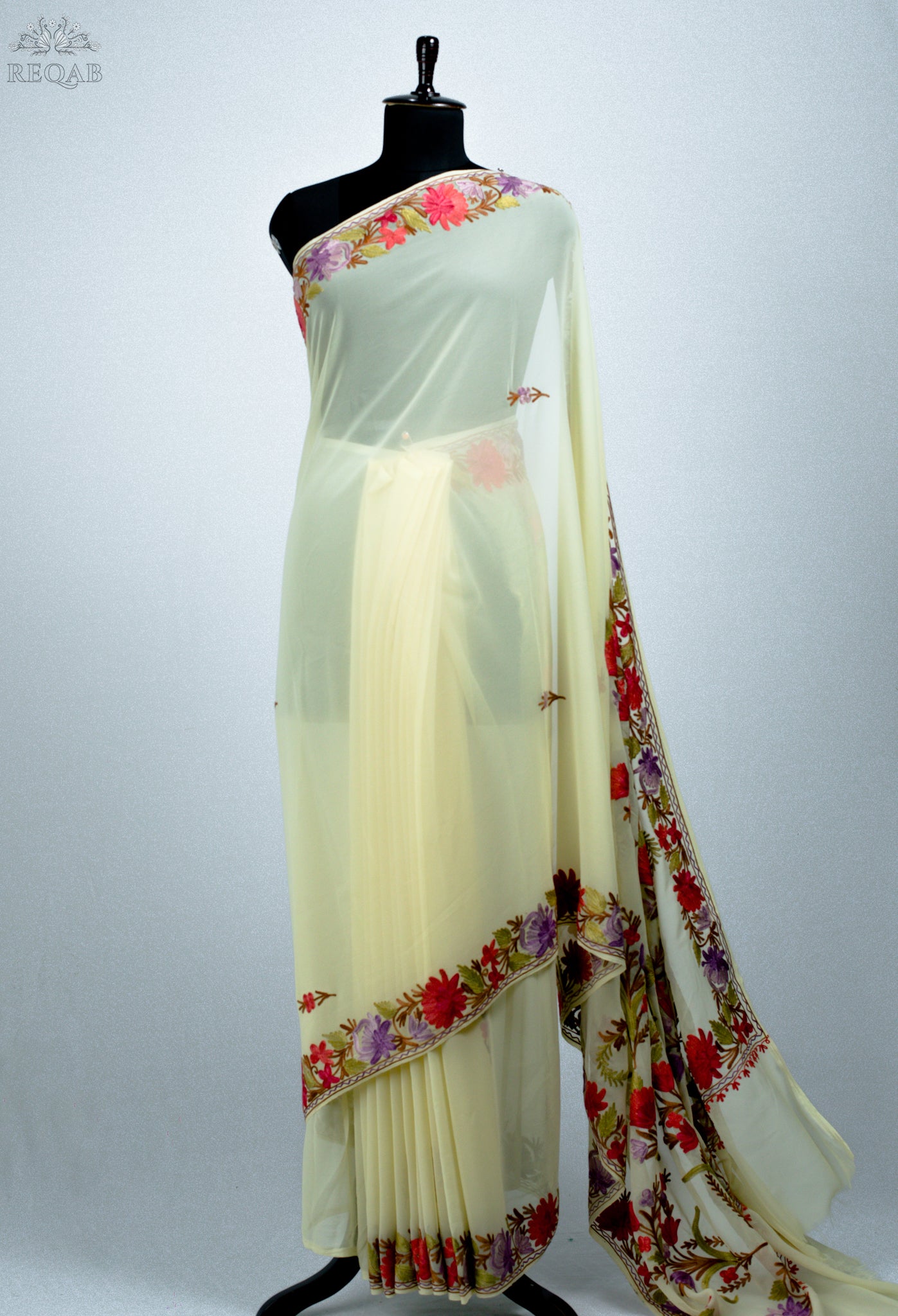 Mint Julep Semi-Georgette Saree with Aari Embroidery