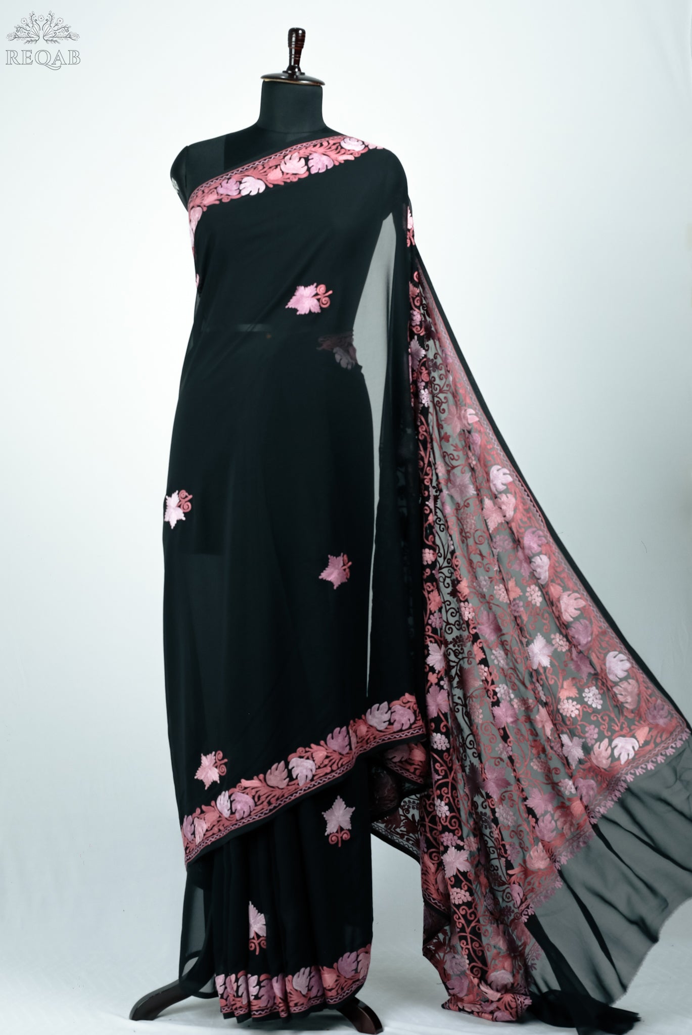 Midnight Moss Semi-Georgette Saree with Aari Embroidery