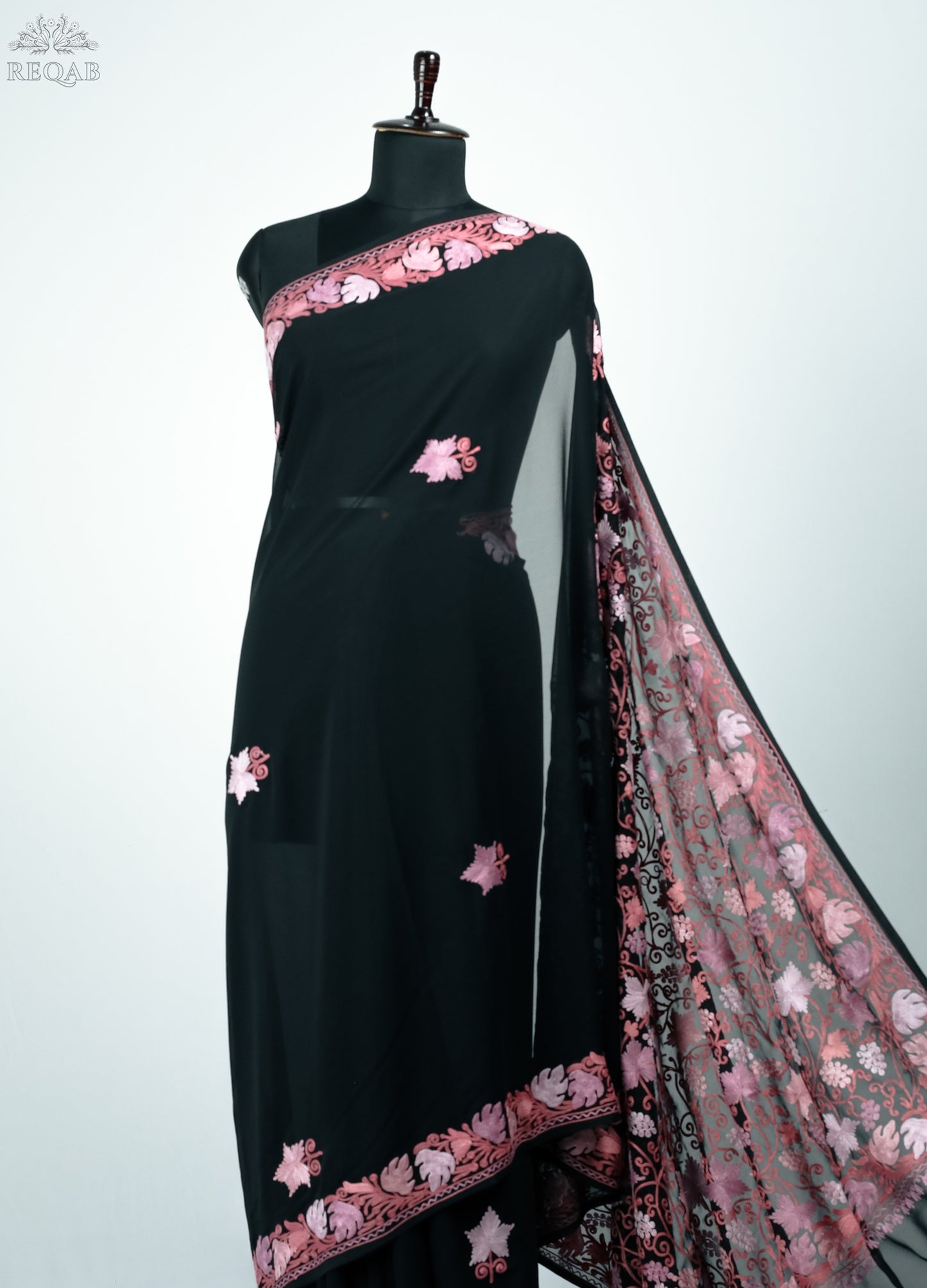 Midnight Moss Semi-Georgette Saree with Aari Embroidery