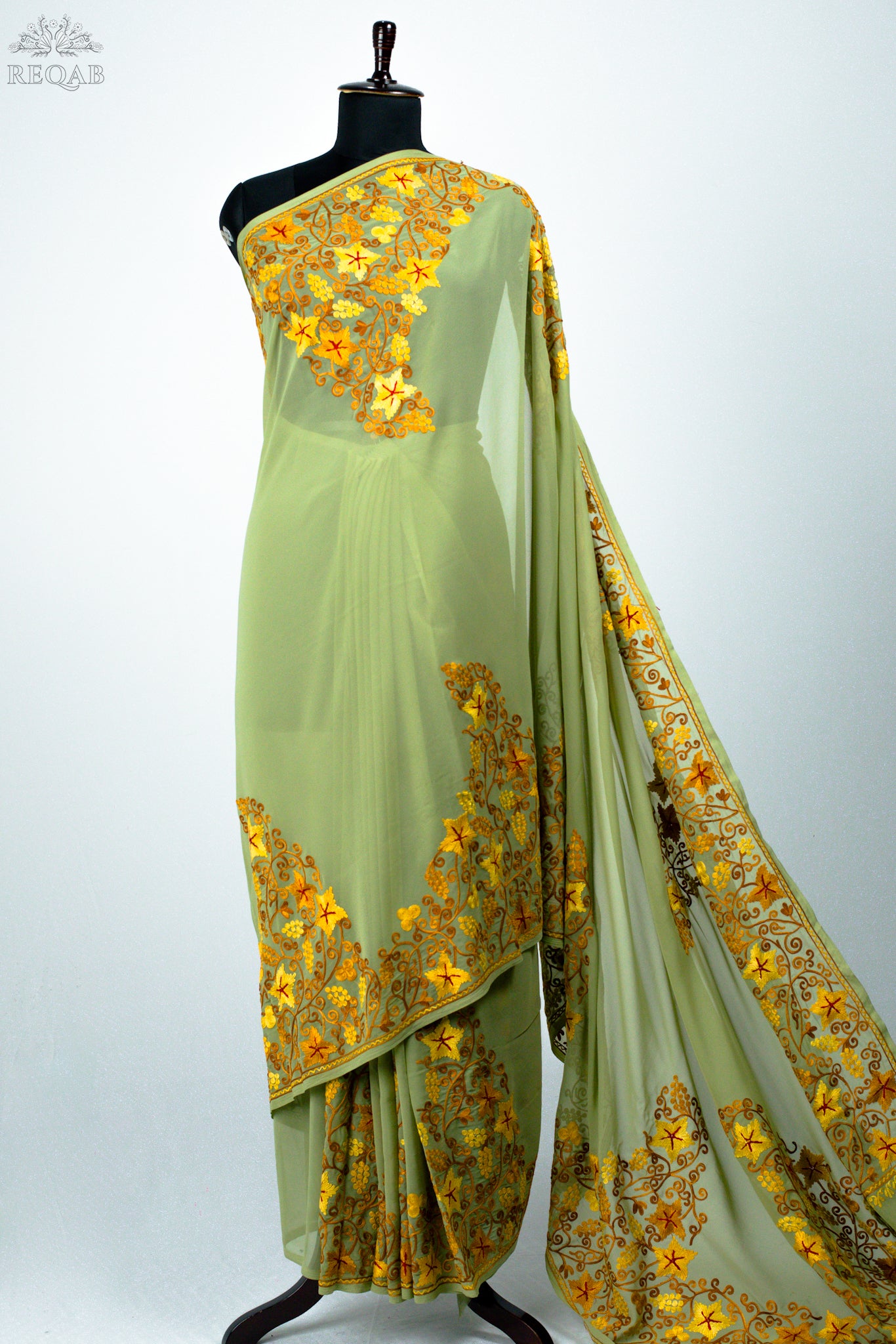 Flax Smoke Semi-Georgette Saree with Aari Embroidery