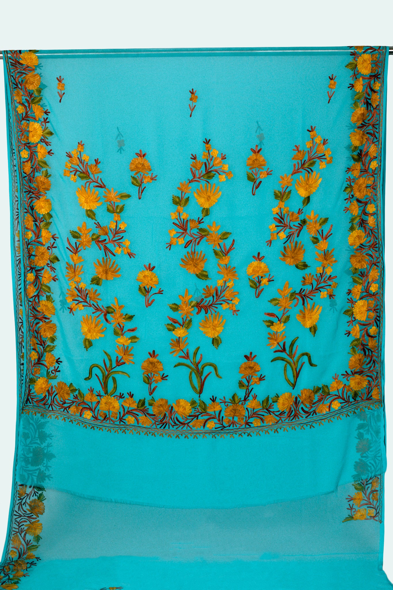 Medium Turquoise Semi-Georgette Saree with Aari Embroidery