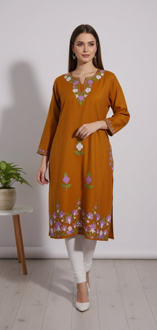 Harvest Gold Pheran with Aari Embroidery