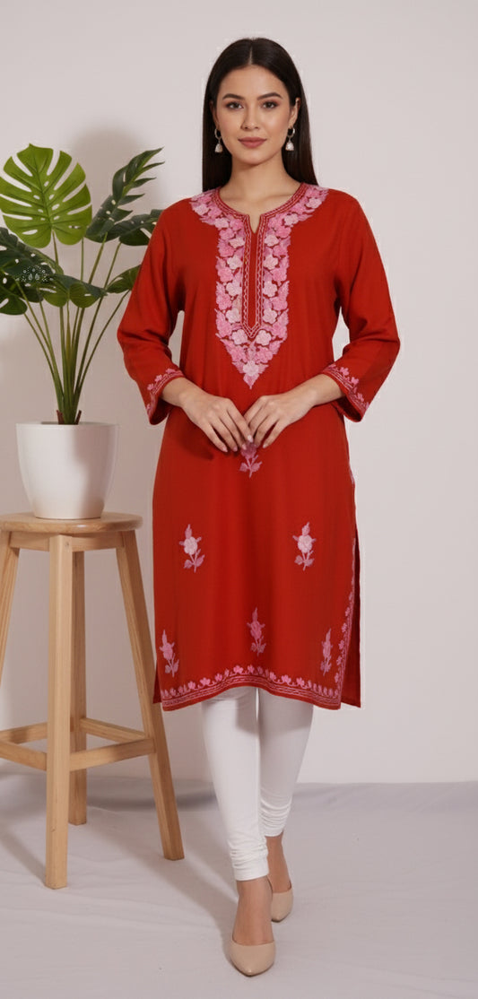 Crimson Sunset Pheran with Aari Embroidery