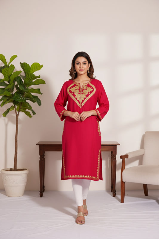 Debian Red Pheran with Zari Embroidery