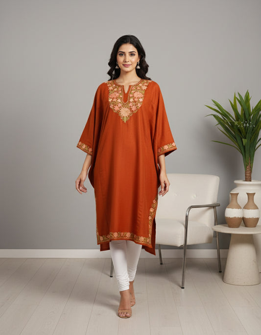 Flame Brown Pheran with Aari Embroidery