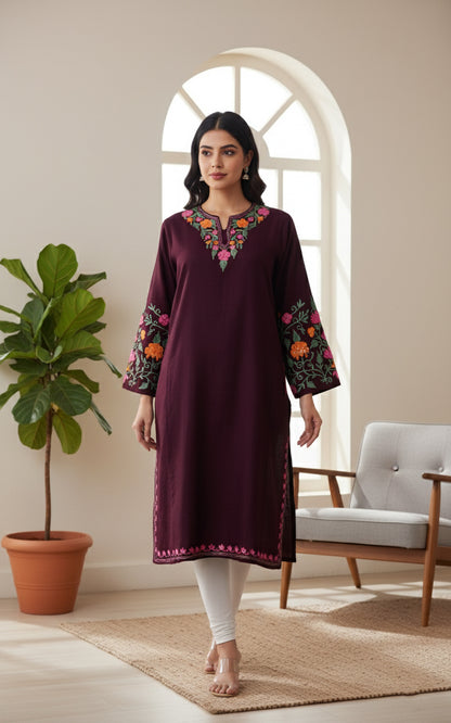 Crimson Canopy Pheran with Aari Embroidery