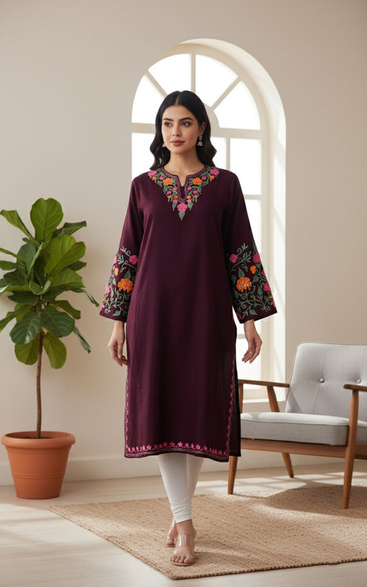 Crimson Canopy Pheran with Aari Embroidery