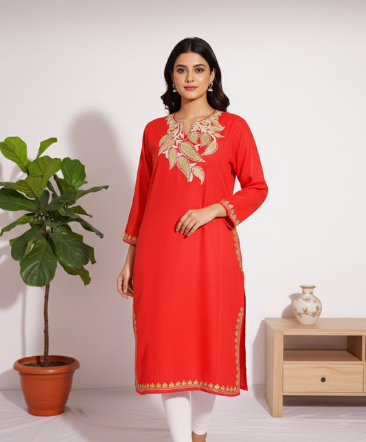 Deep Carmine Pink Pheran with Zari Embroidery