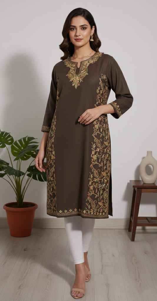 Rustic Oak Pheran with Aari Embroidery