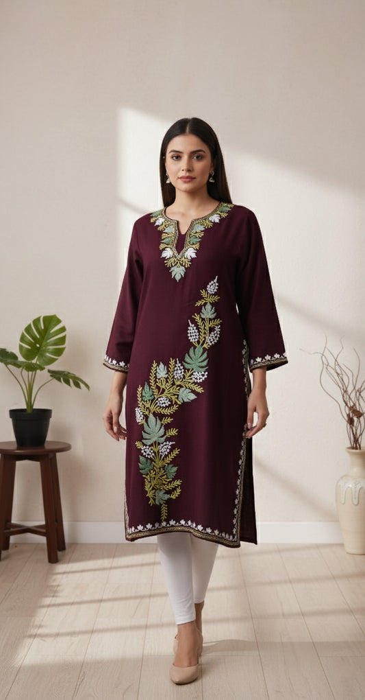 Crimson Petal Pheran with Aari Embroidery