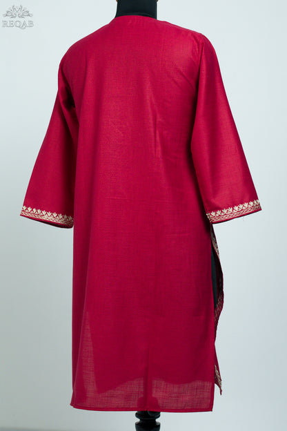 Brick Red Ruby Cotton Kurti with Zari Embroidery