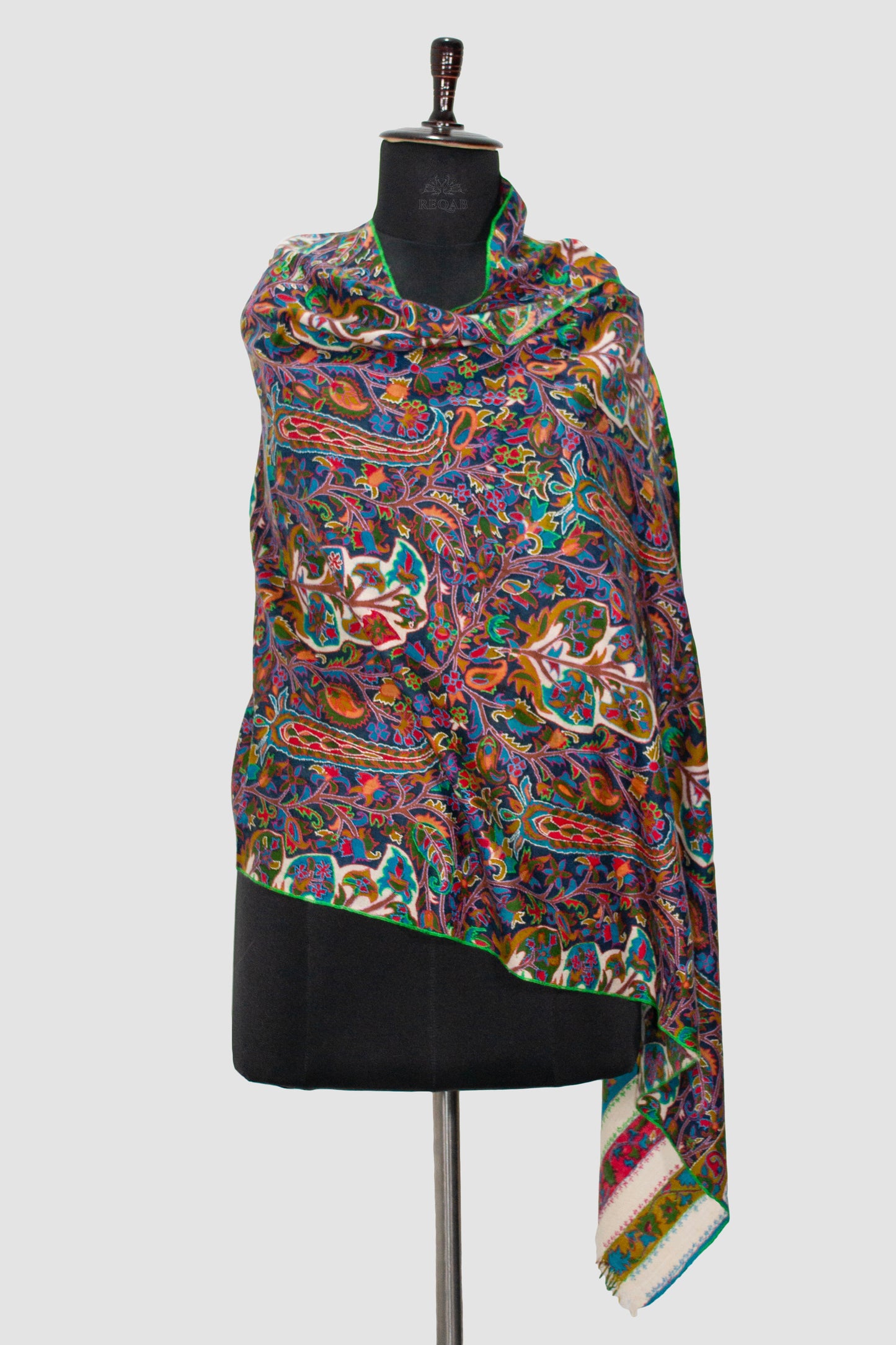 Cyprus Blue GI Sozni Kani Print Outline Pashmina Stole