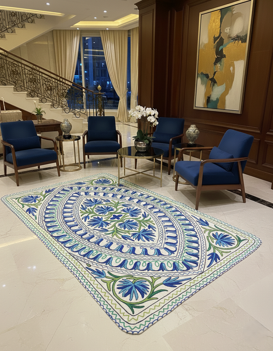 Floral & Leaf Design Green-Blue Large Rectangle Crewel Kashmiri Namda