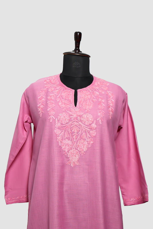 Shocking Pink Ruby Cotton Kurti with Aari Embroidery