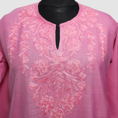 Shocking Pink Ruby Cotton Kurti with Aari Embroidery