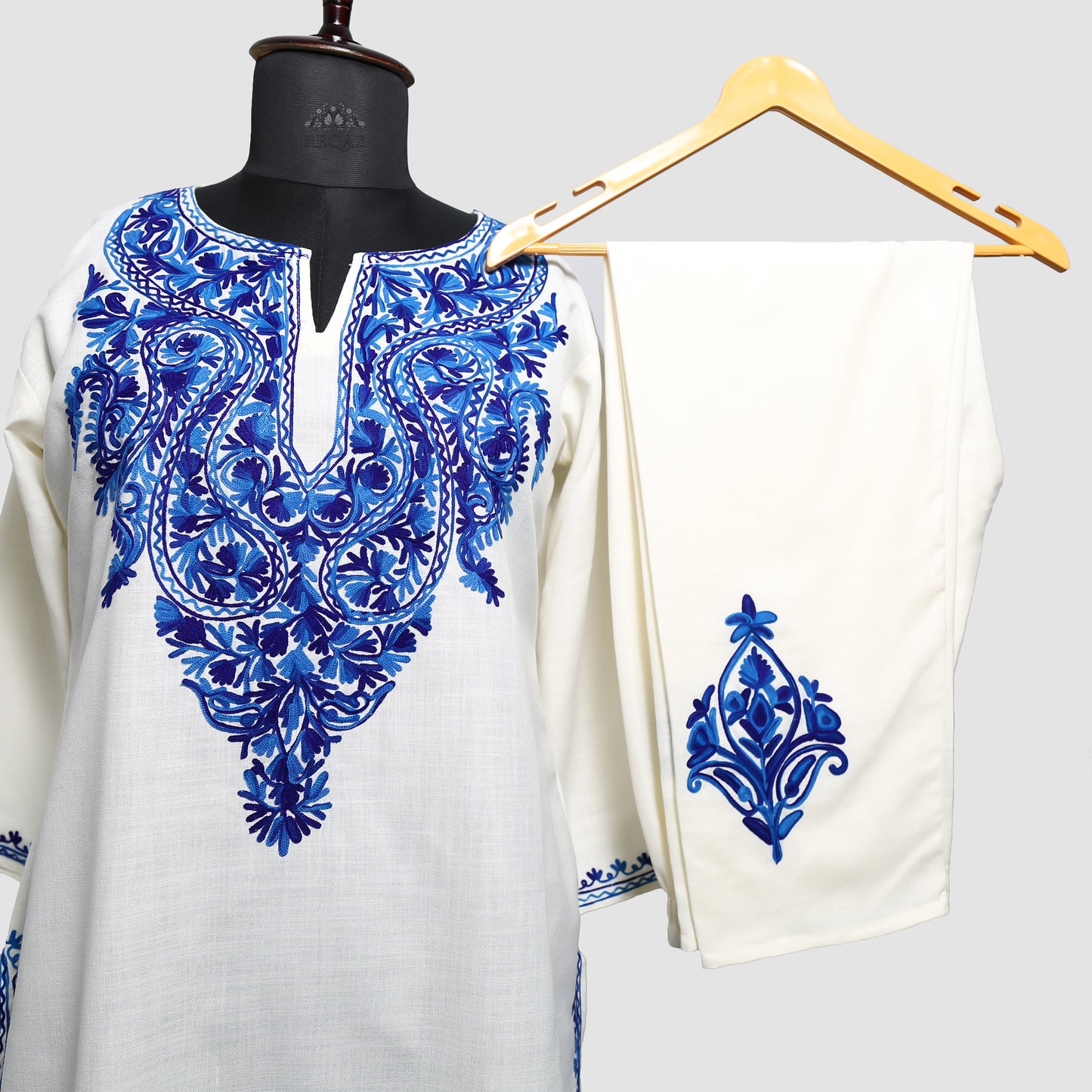 Anti Flash White Ruby Cotton Co-ord Set with Aari Embroidery