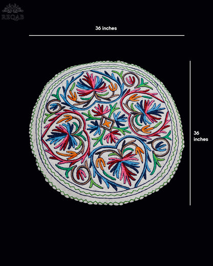 Floral Bulb & Chinar Leaf Design Medium Circular Crewel Kashmiri Namda