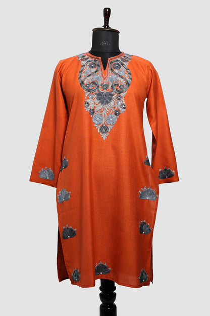 Burnt Orange Ruby Cotton Co-ord Set with Aari Embroidery