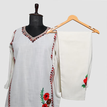 Snow Drift White Ruby Cotton Co-ord Set with Aari Embroidery