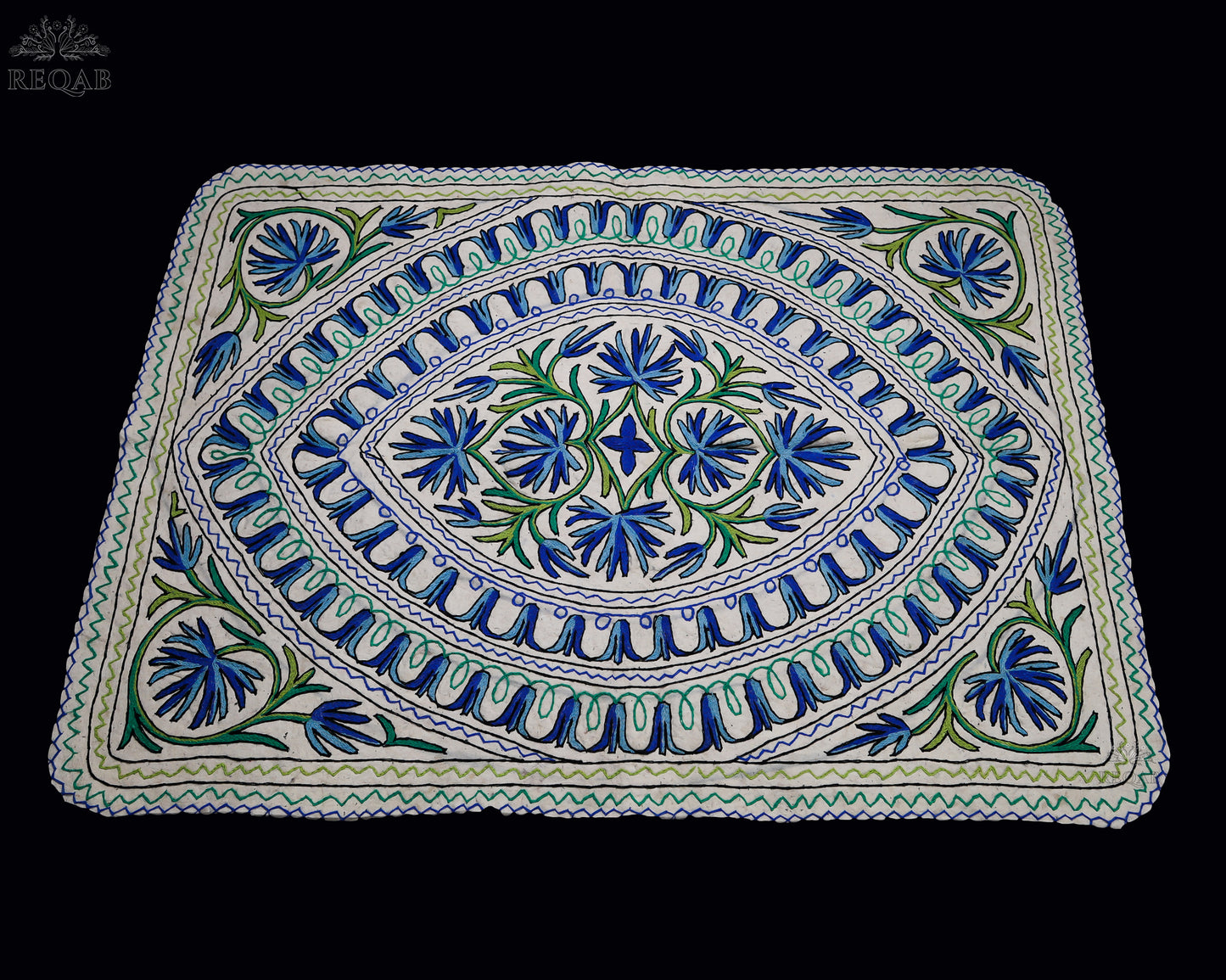 Floral & Leaf Design Green-Blue Large Rectangle Crewel Kashmiri Namda