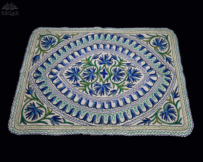 Floral & Leaf Design Green-Blue Large Rectangle Crewel Kashmiri Namda