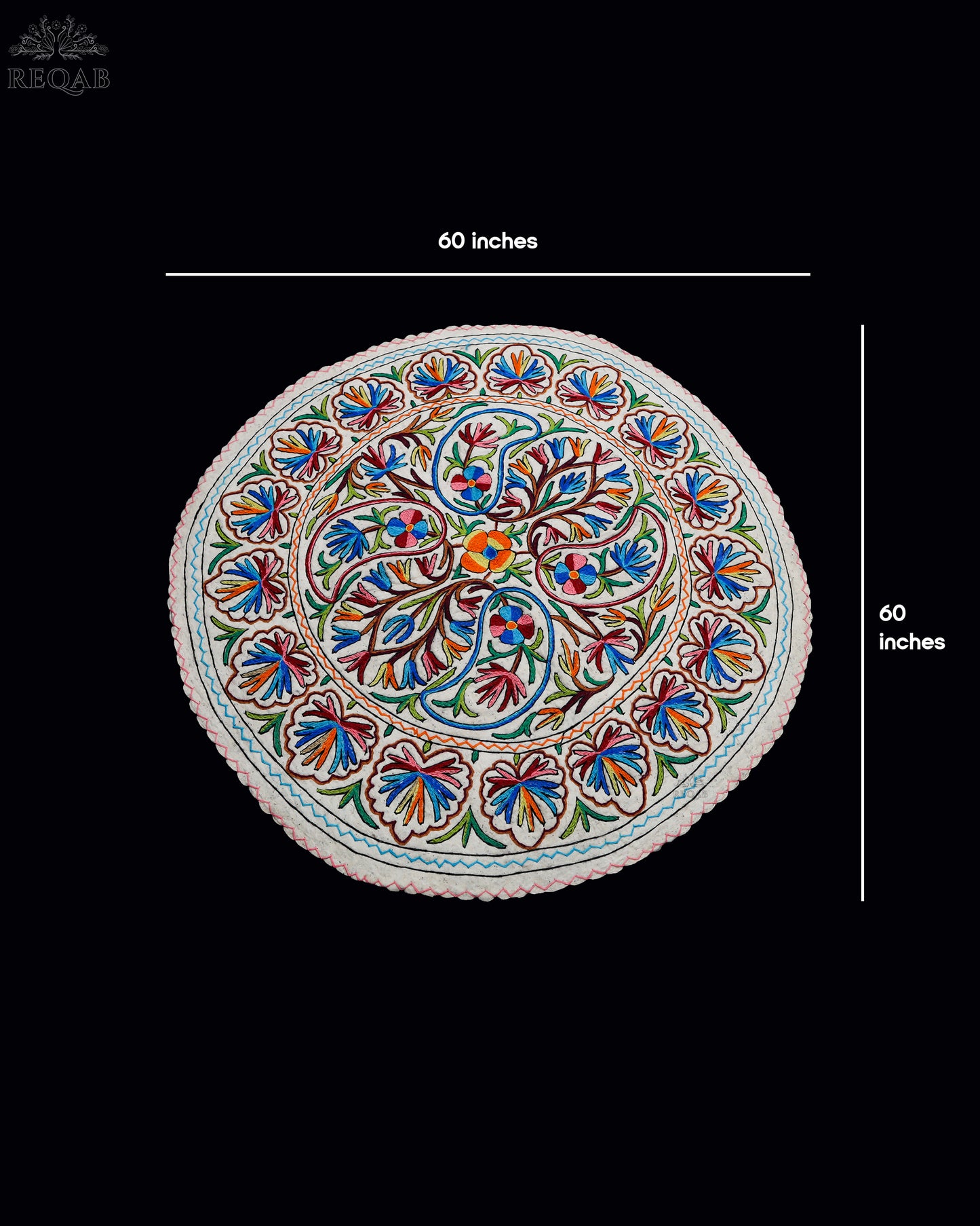 Almond Floral Design Large Circular Crewel Kashmiri Namda