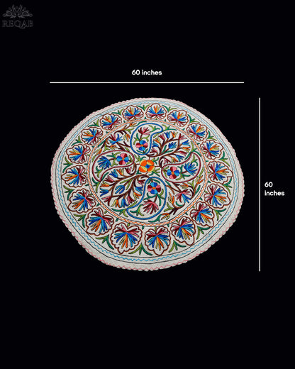 Almond Floral Design Large Circular Crewel Kashmiri Namda