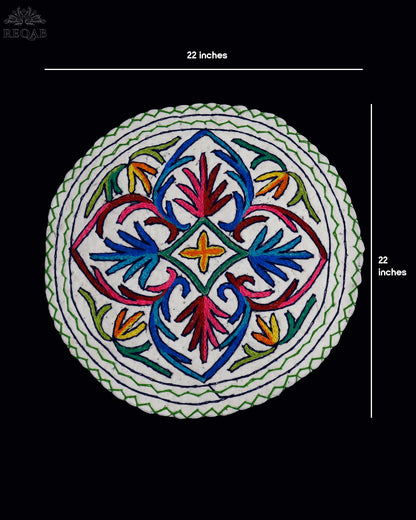 Leaf & Floral Design Small Circular Crewel Kashmiri Namda