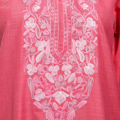 Light Coral Ruby Cotton Kurti with Aari Embroidery