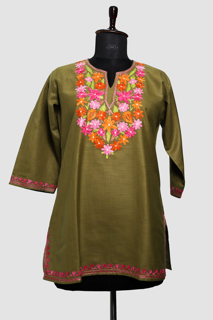 Metallic Sunburst Ruby Cotton Top with Aari Embroidery