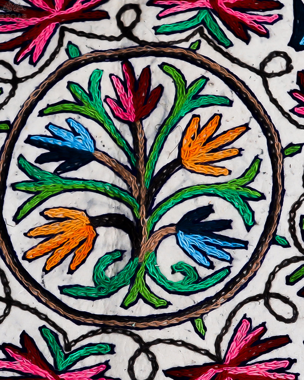 Leaf & Floral Design Medium Circular Crewel Kashmiri Namda