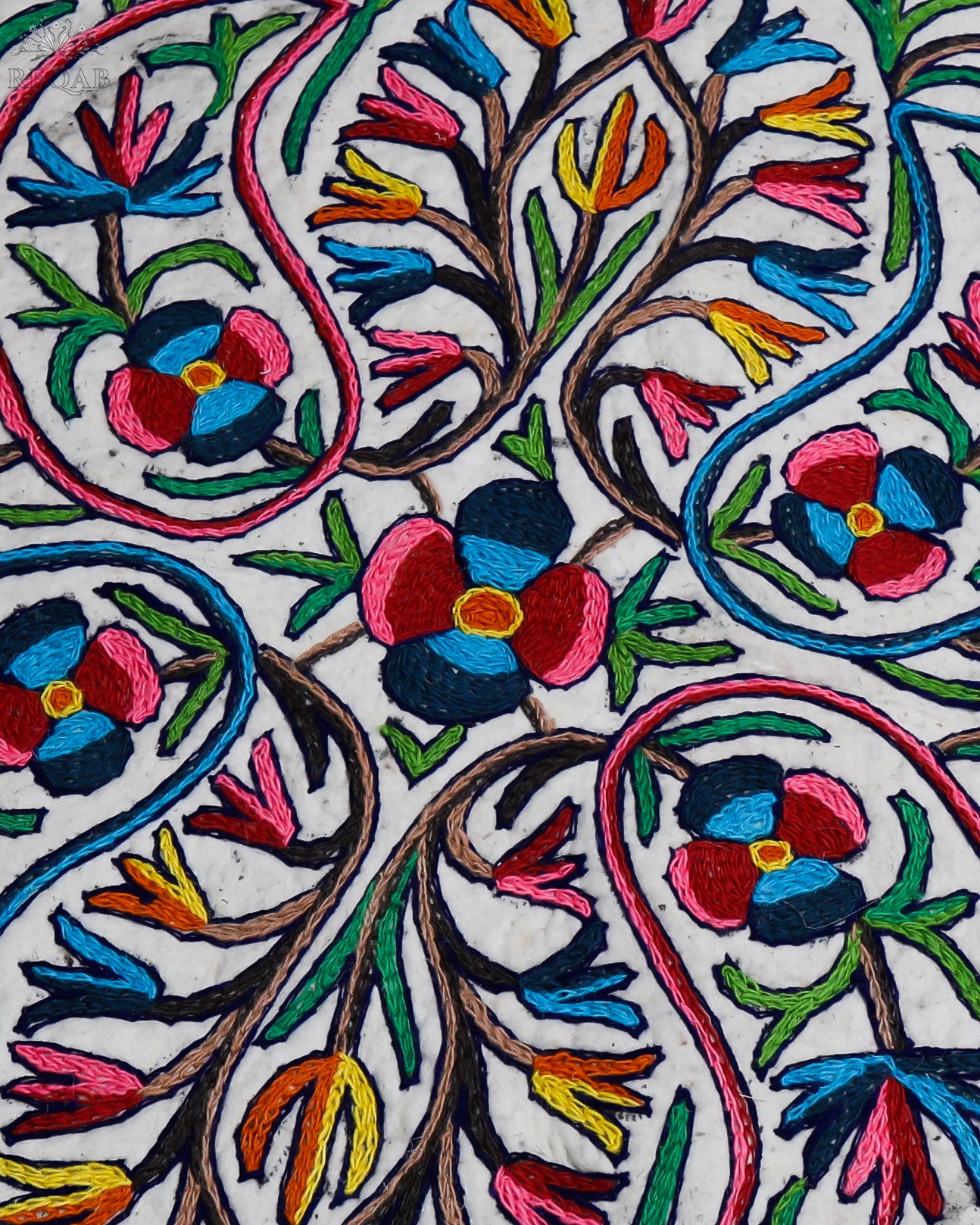 Almond Floral Design Medium Circular Crewel Kashmiri Namda