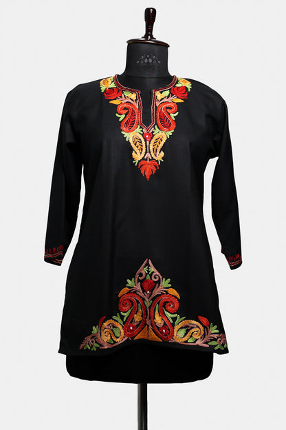 Black Russian Ruby Cotton Top with Aari Embroidery
