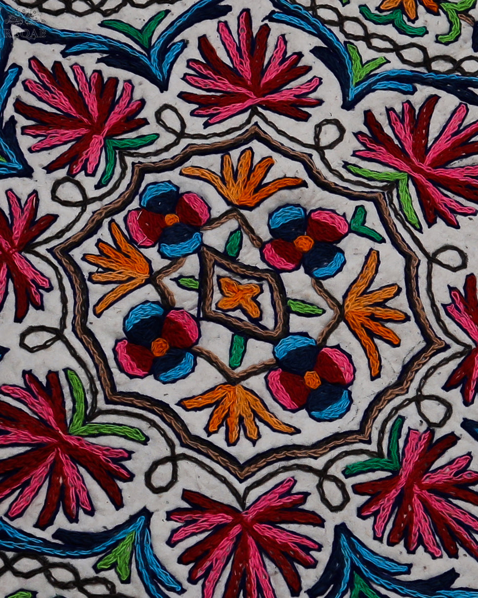 Chinar Leaf & Floral Design Medium Circular Crewel Kashmiri Namda