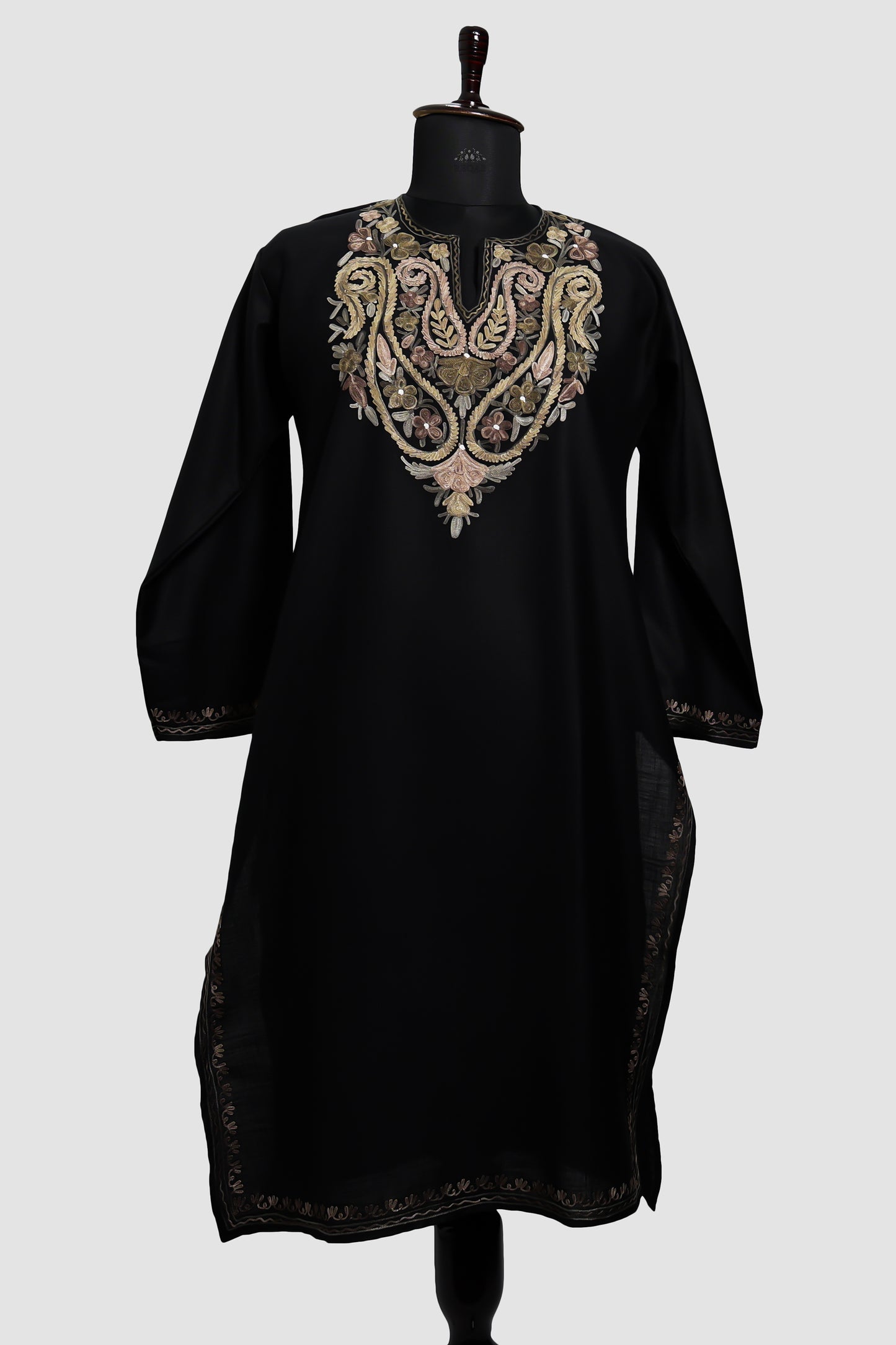 Smoky Black Ruby Cotton Kurti with Aari Embroidery