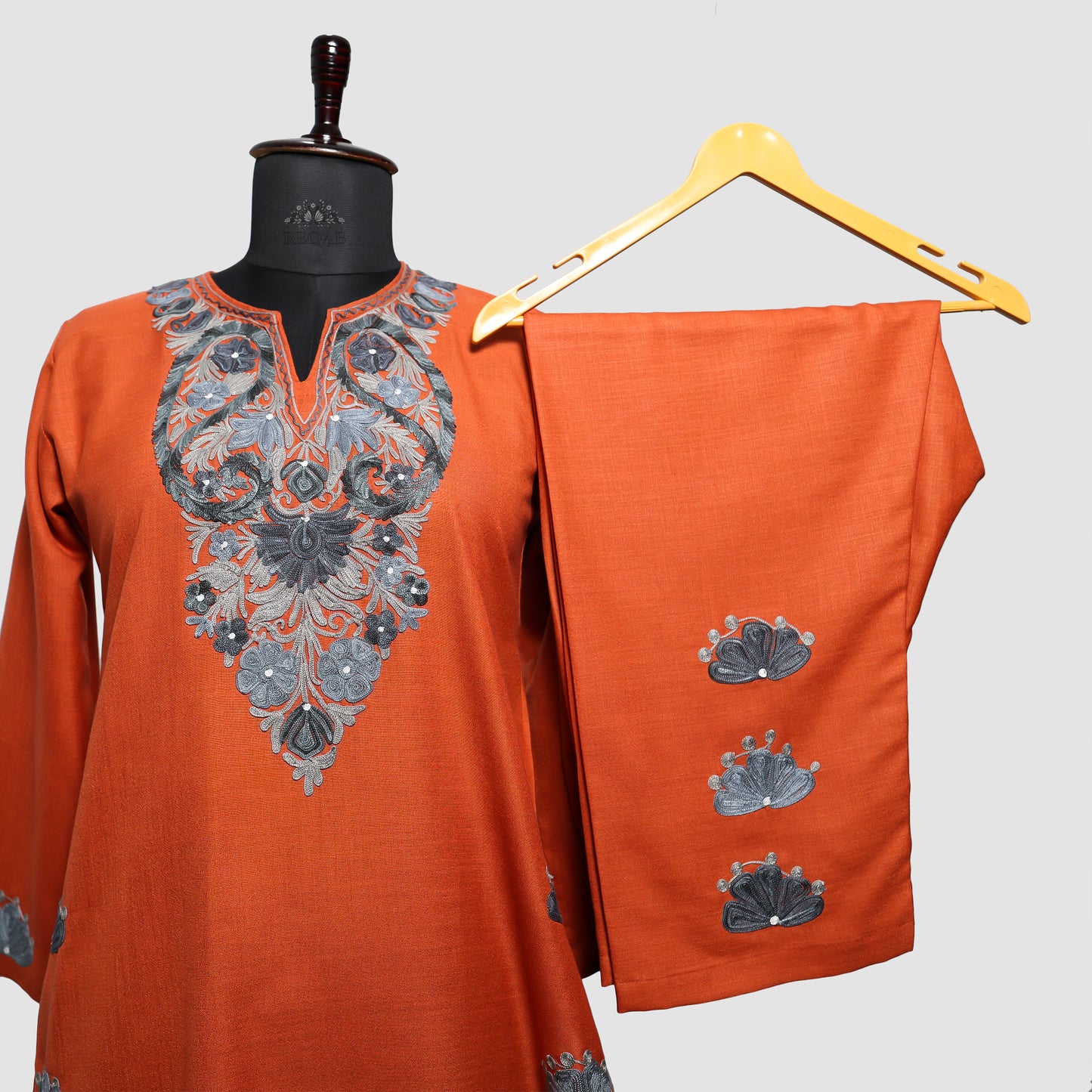 Burnt Orange Ruby Cotton Co-ord Set with Aari Embroidery