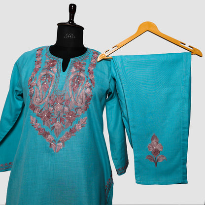 Pacific Blue Ruby Cotton Co-ord Set with Aari Embroidery