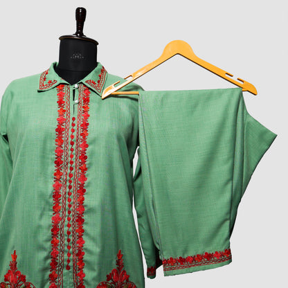 Bay Leaf Ruby Cotton Co-ord Set with Aari Embroidery