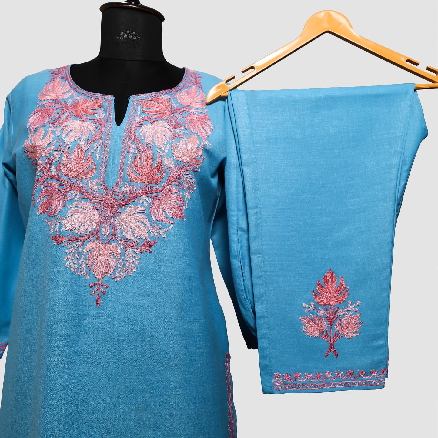 Malibu Blue Ruby Cotton Co-ord Set with Aari Embroidery