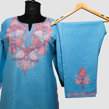 Malibu Blue Ruby Cotton Co-ord Set with Aari Embroidery