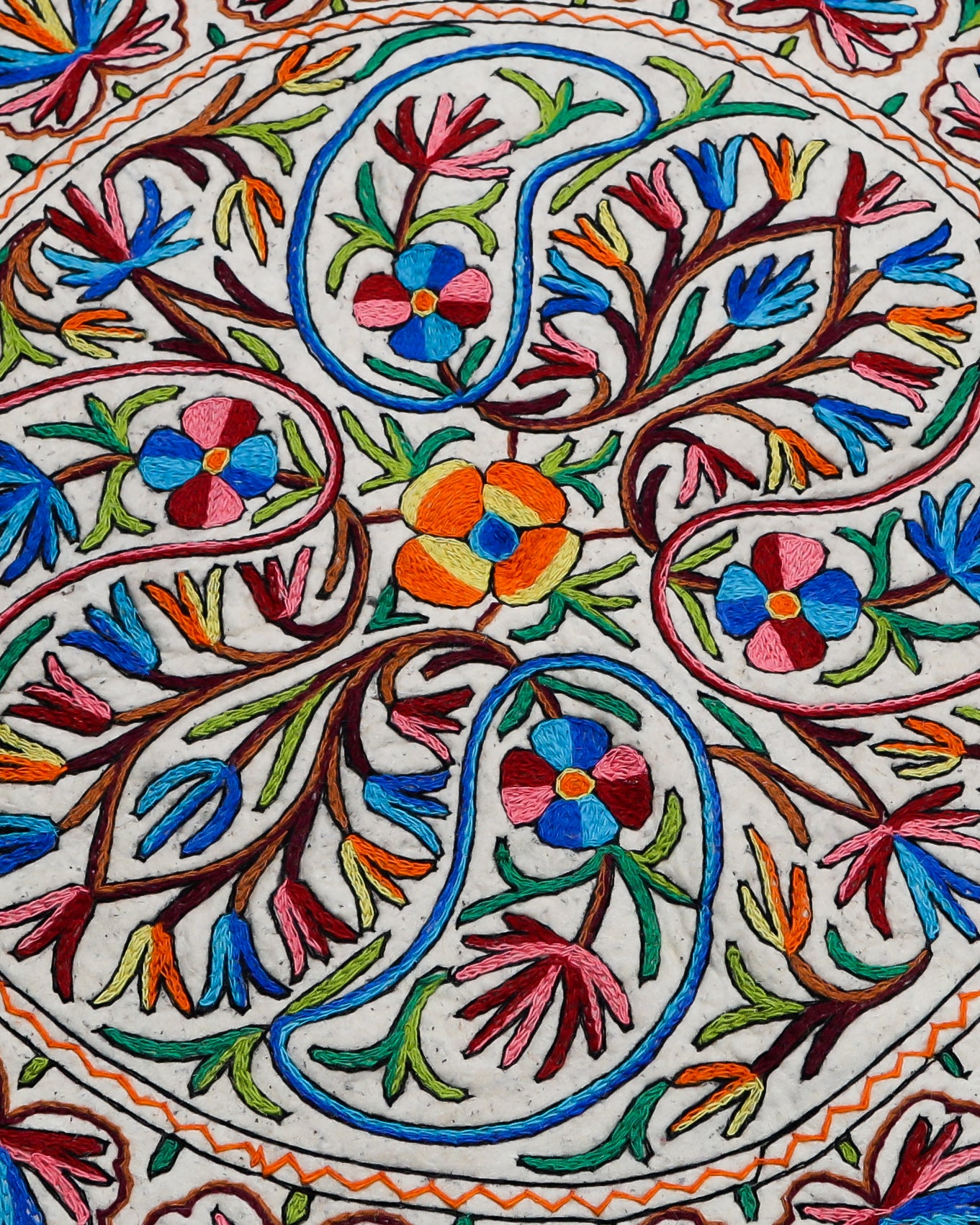 Almond Floral Design Large Circular Crewel Kashmiri Namda